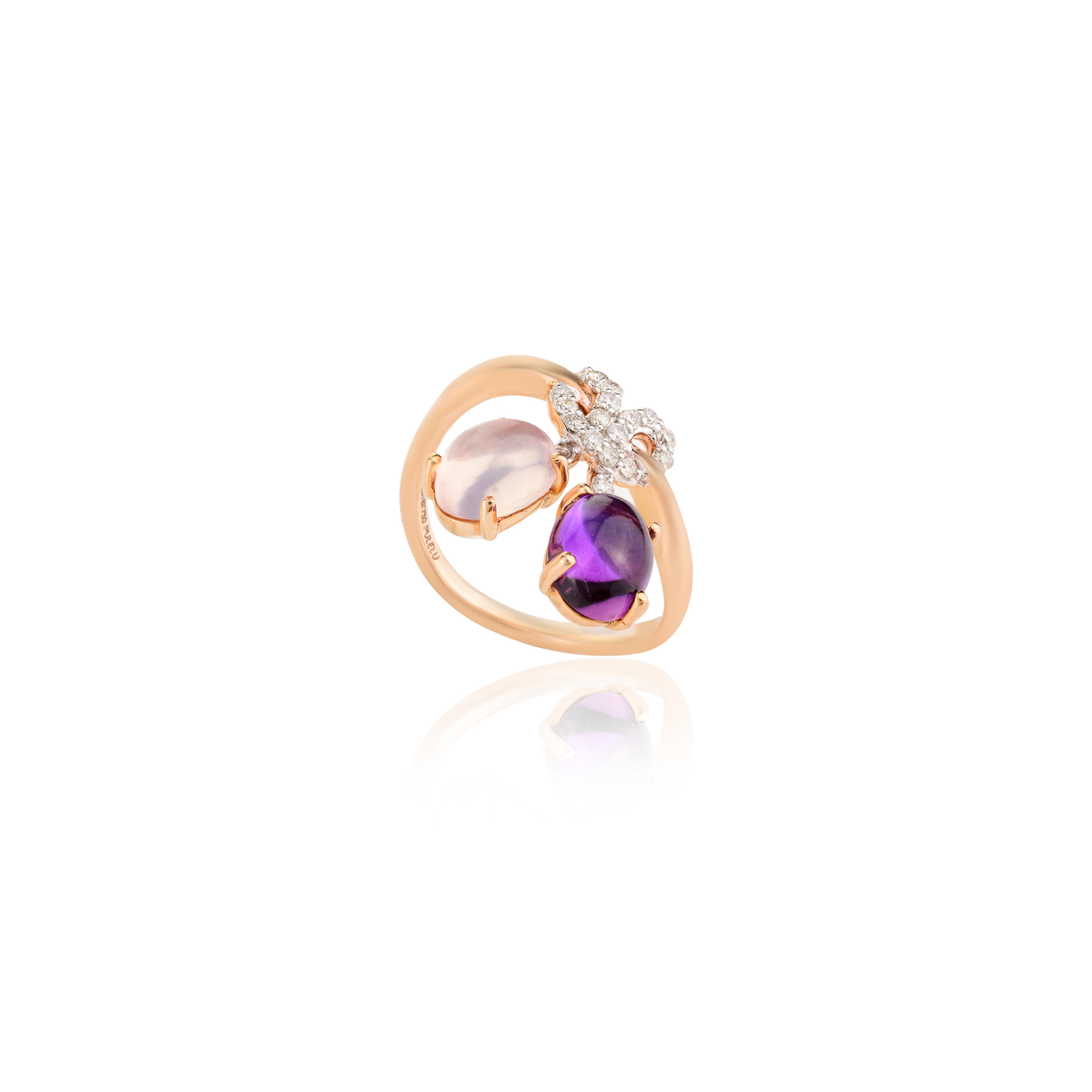 For Sale:  Statement Amethyst and Rose Quartz Ring with Diamond Bow 18k Solid Rose Gold 4