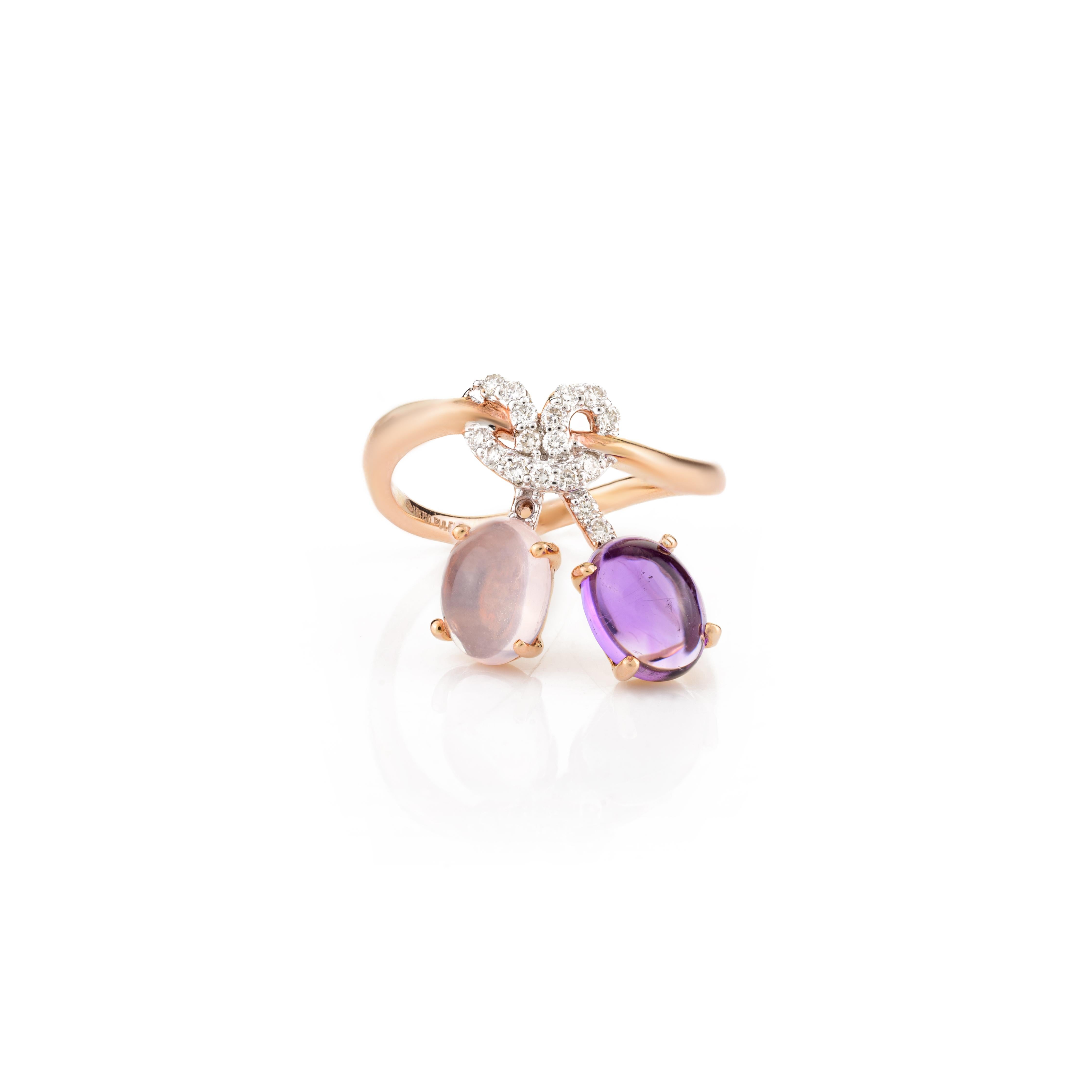 For Sale:  Statement Amethyst and Rose Quartz Ring with Diamond Bow 18k Solid Rose Gold 5