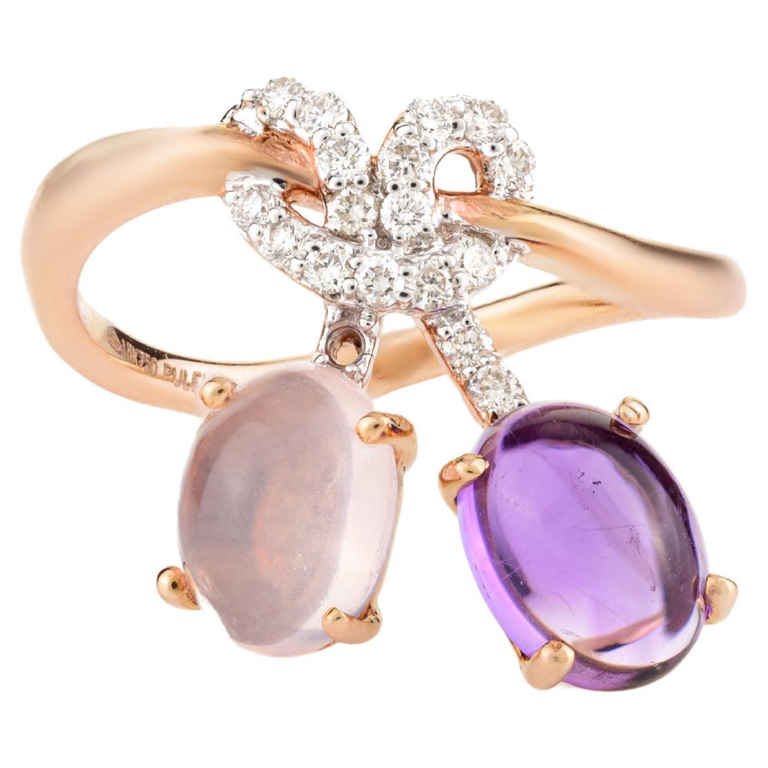 For Sale:  Statement Amethyst and Rose Quartz Ring with Diamond Bow 18k Solid Rose Gold