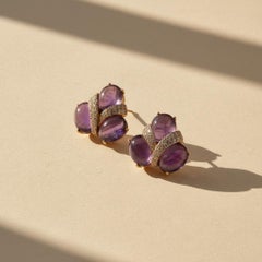 Statement Amethyst cabochon earrings, silver, gold