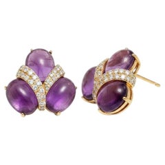 Statement Amethyst cabochon earrings, silver, gold