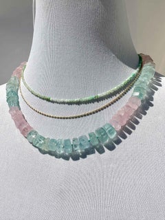 Statement Aquamarine and Morganite Knotted Necklace with 14k Gold Sailor Clasp