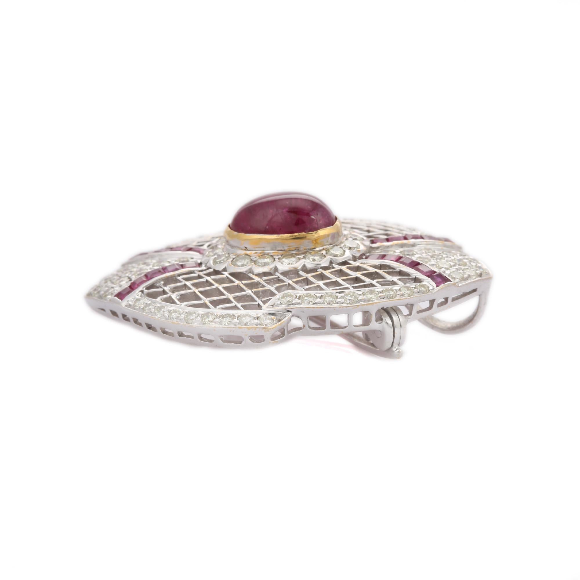 Statement Art Deco Rubin Diamant Unisex-Hochzeitsbrosche aus massivem 18k Weißgold (Ovalschliff) im Angebot