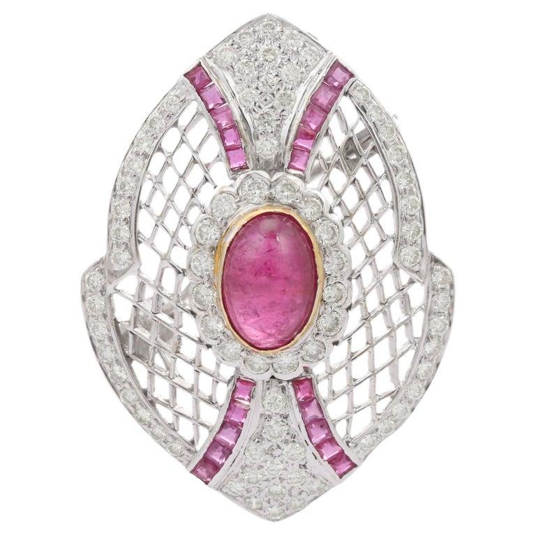 Statement Art Deco Rubin Diamant Unisex-Hochzeitsbrosche aus massivem 18k Weißgold im Zustand „Neu“ im Angebot in New York, NY
