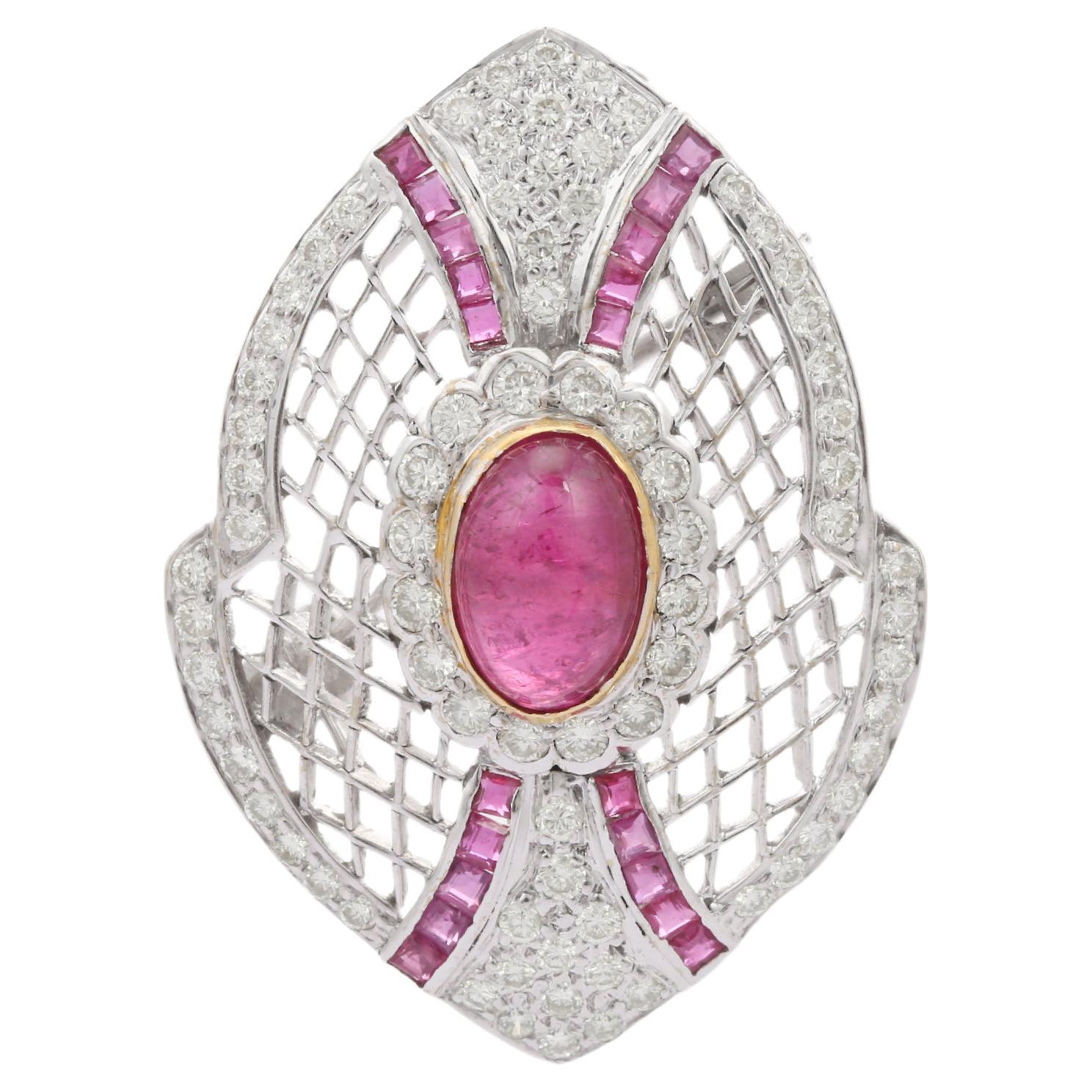 Statement Art Deco Ruby Diamond Unisex Wedding Brooch in Solid 18k White Gold