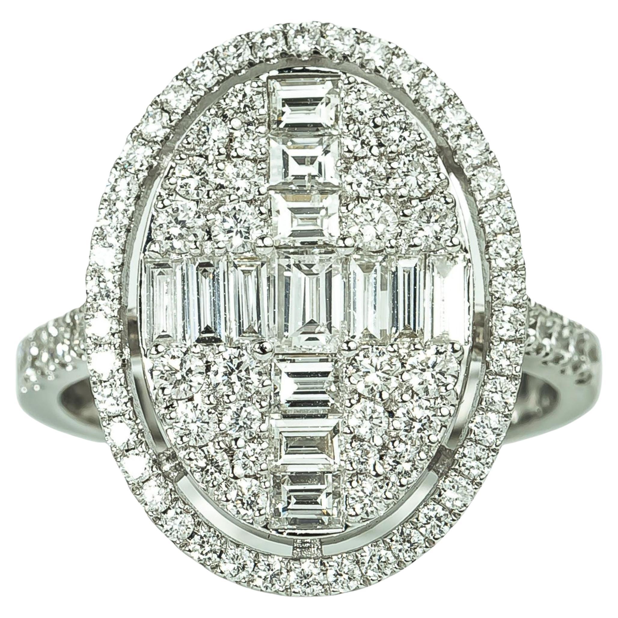 1.60ct Natural Baguette Diamond Oval Halo Cluster Engagement Ring in 18K Gold