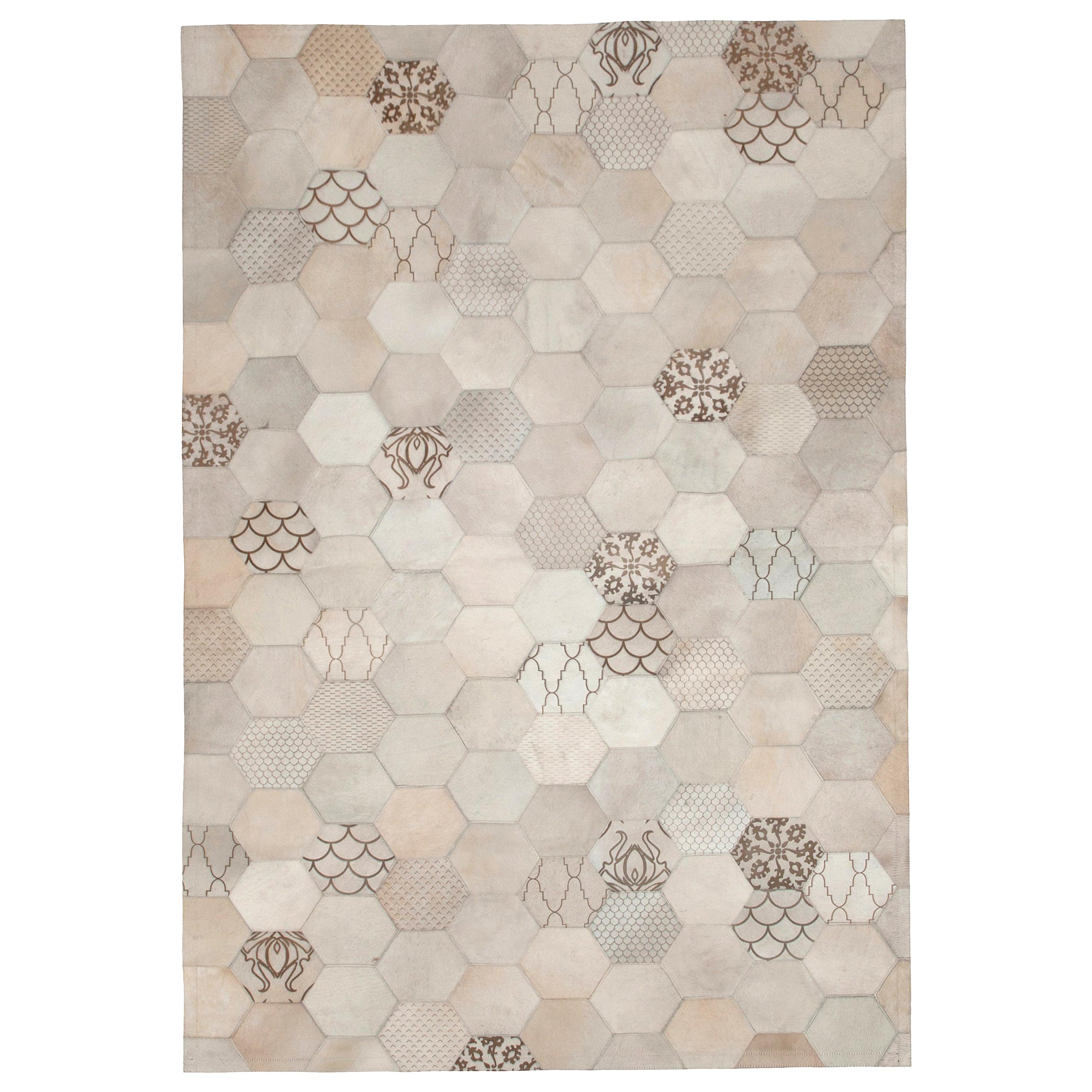 Laser Burn patterned motif Atomo Cream Cowhide Area Floor Rug - large For Sale