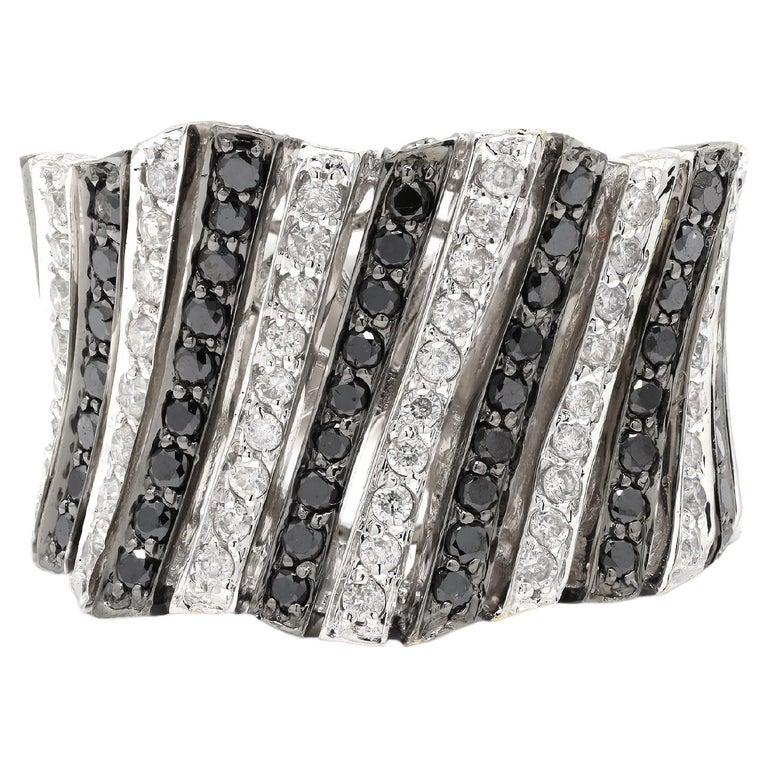 For Sale:  Statement Black White Diamond Wide Band Ring in 18k Solid White Gold 3