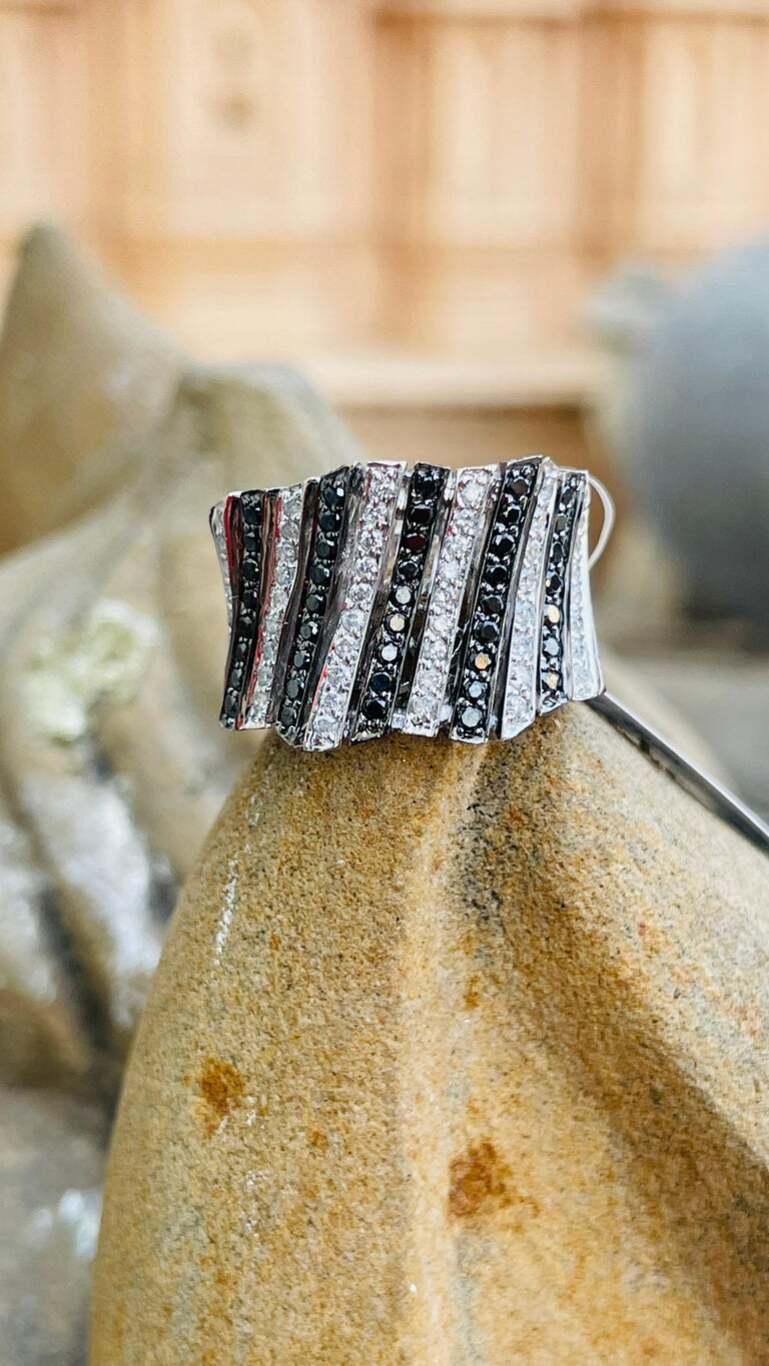 For Sale:  Statement Black White Diamond Wide Band Ring in 18k Solid White Gold 8