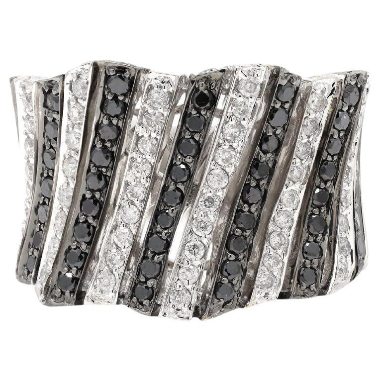 Statement Black White Diamond Wide Band Ring in 18k Solid White Gold