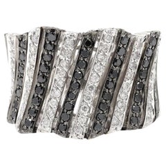 Statement Black White Diamond Wide Band Ring in 18k Solid White Gold