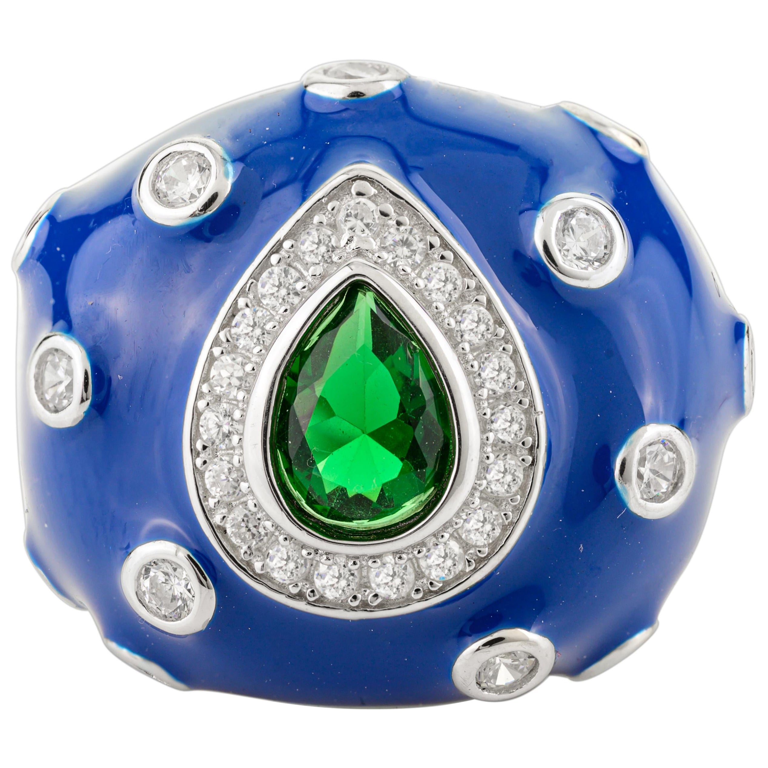Anello d'argento con smalto blu e pietre bianche e verdi Gioielleria