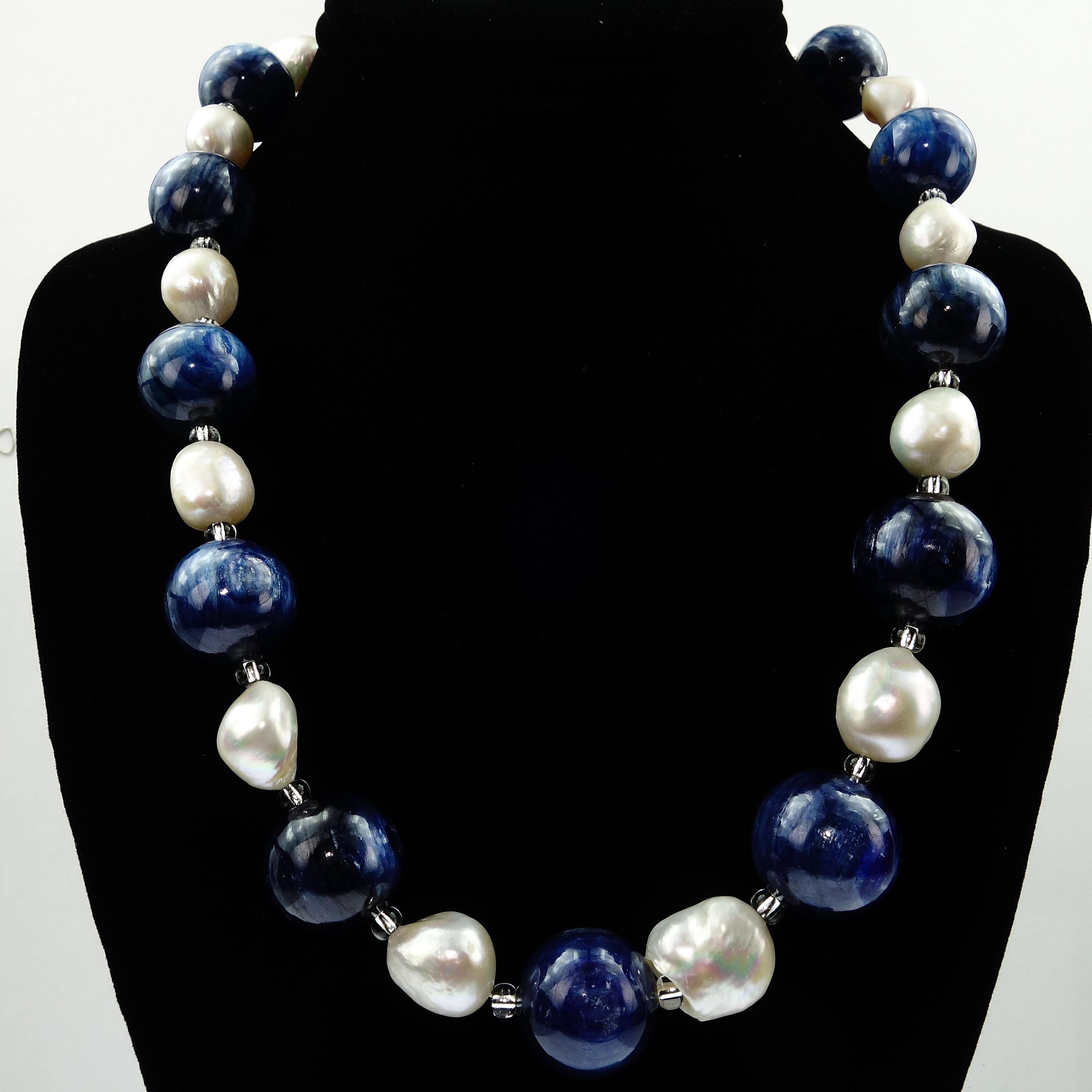 Bead AJD Statement Blue Kyanite and White Baroque Pearl Necklace