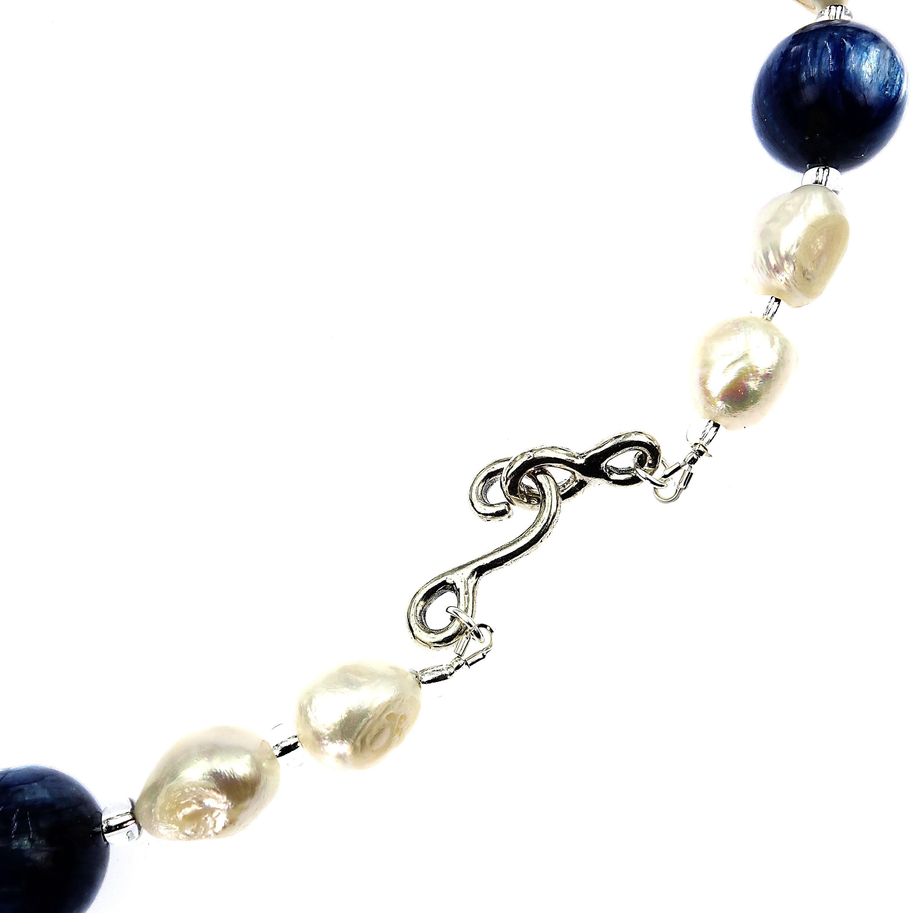 AJD Statement Blue Kyanite and White Baroque Pearl Necklace In New Condition In Raleigh, NC