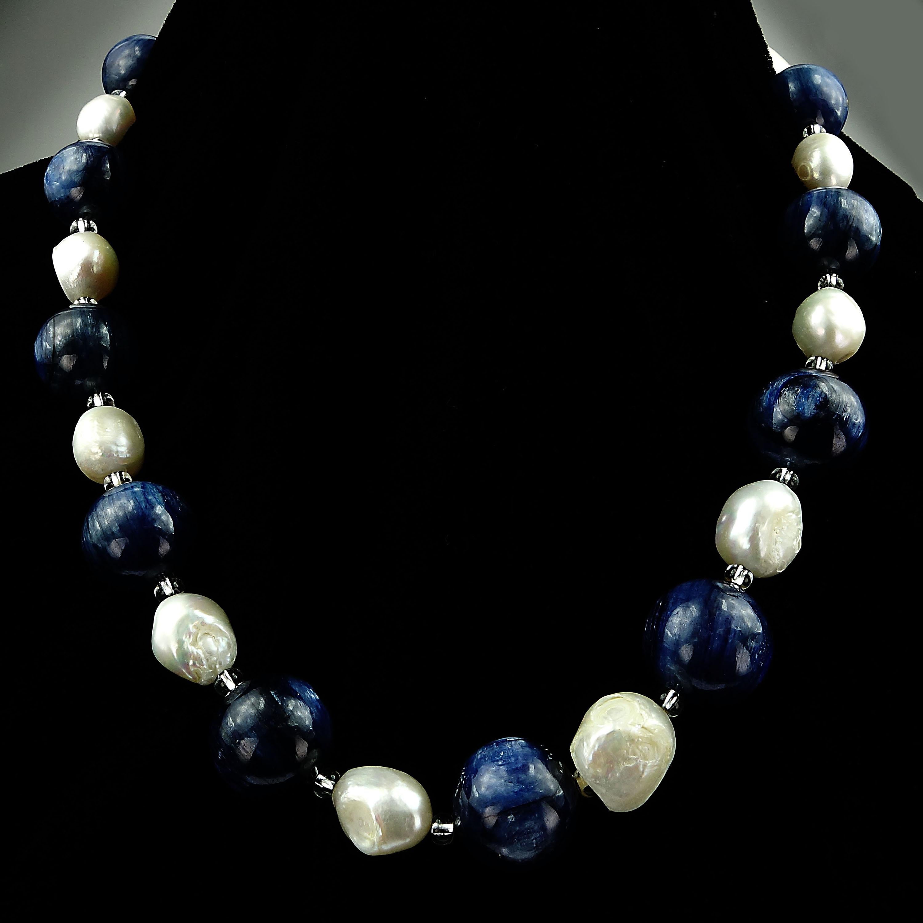 Women's or Men's AJD Statement Blue Kyanite and White Baroque Pearl Necklace
