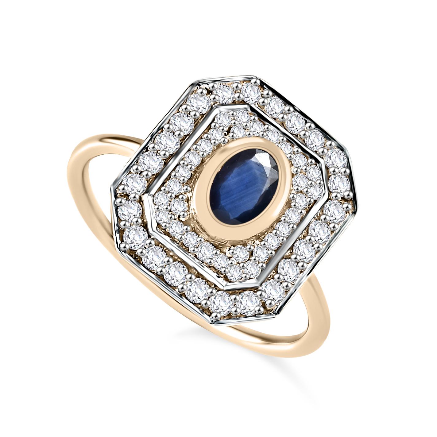 En vente :  Anneau de mariage en or jaune 14k avec saphir bleu véritable et diamant en halo pour elle 3