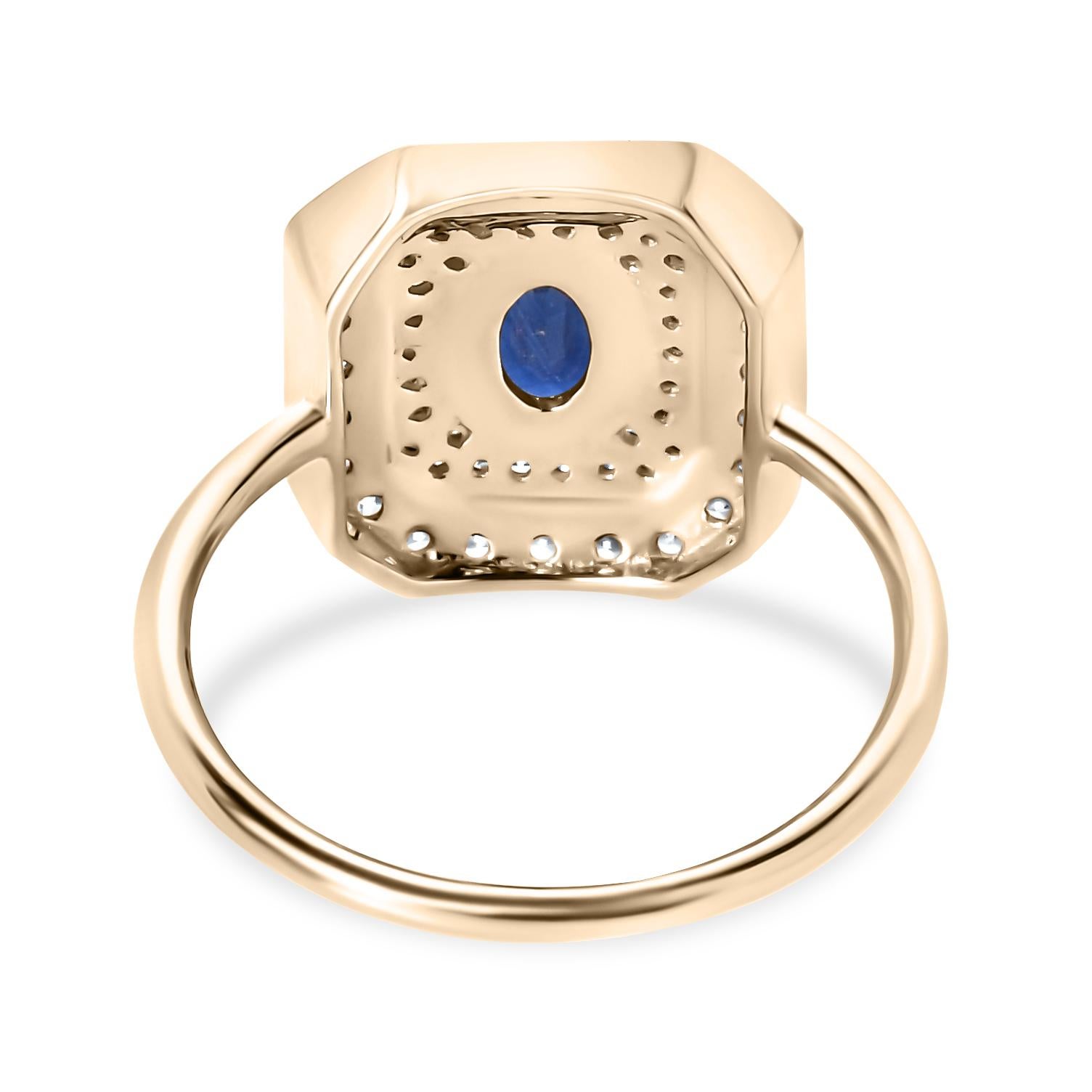 En vente :  Anneau de mariage en or jaune 14k avec saphir bleu véritable et diamant en halo pour elle 5
