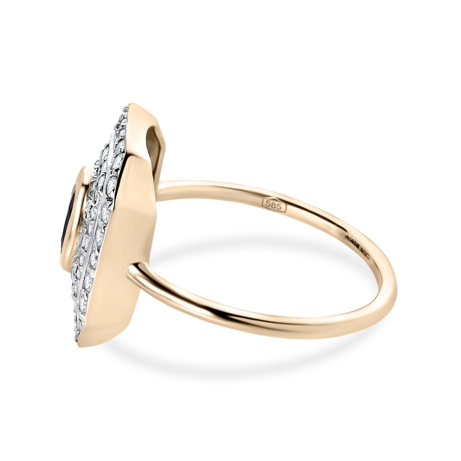 En vente :  Anneau de mariage en or jaune 14k avec saphir bleu véritable et diamant en halo pour elle 7