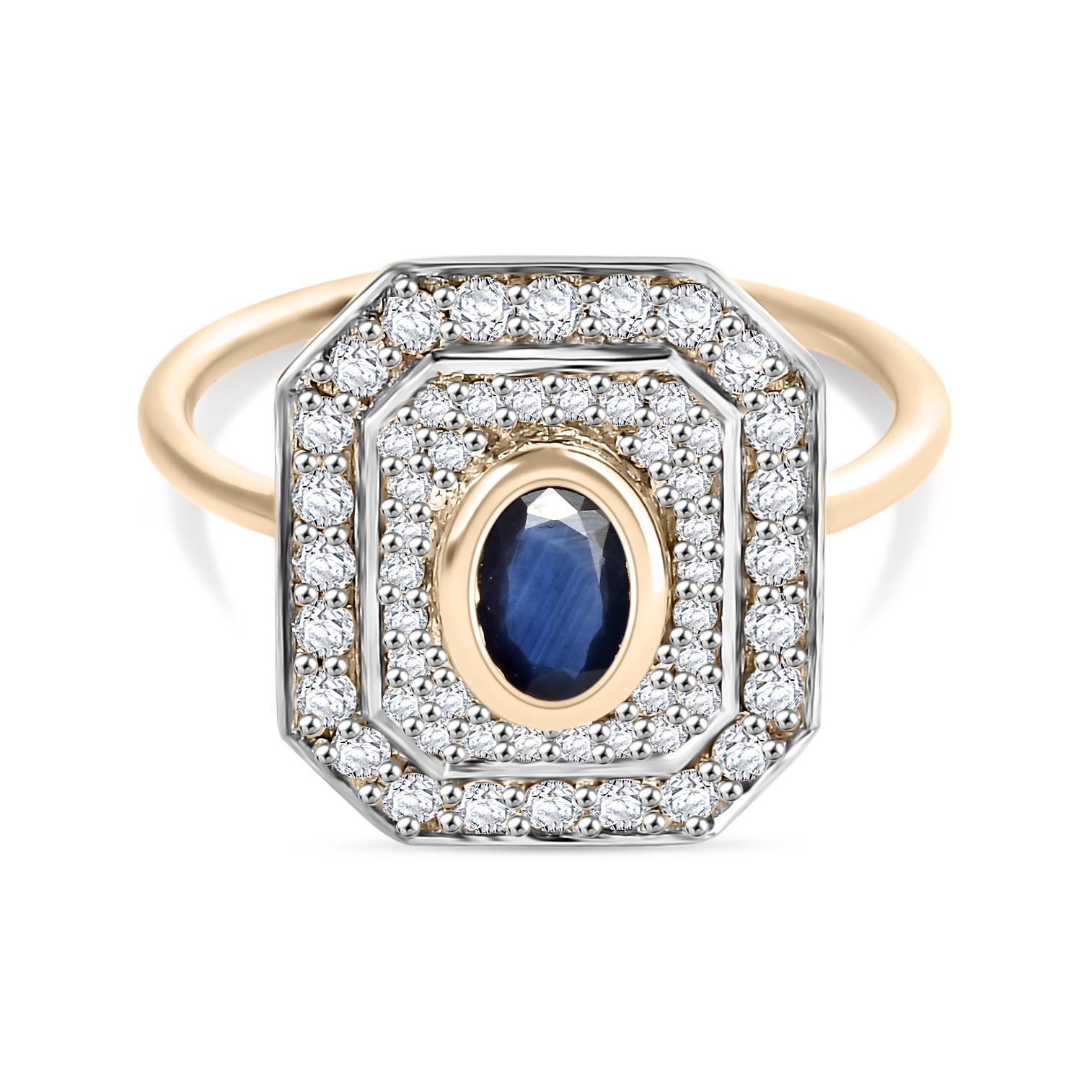 En vente :  Anneau de mariage en or jaune 14k avec saphir bleu véritable et diamant en halo pour elle 9