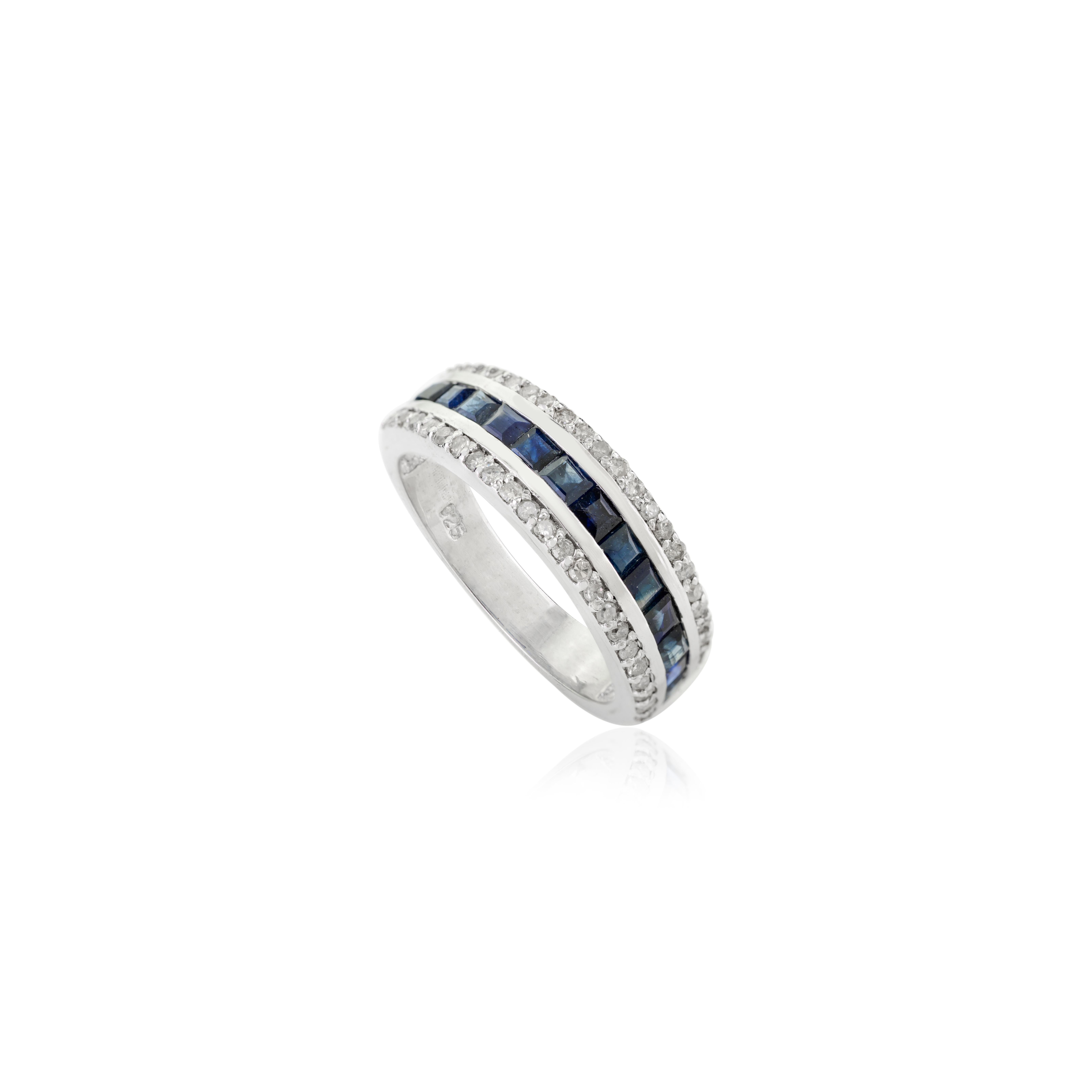 For Sale:  Statement Blue Sapphire Diamond Wedding Band Ring Channel Set in 925 Silver 5