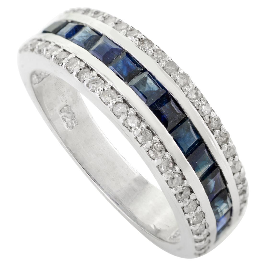 For Sale:  Statement Blue Sapphire Diamond Wedding Band Ring Channel Set in 925 Silver