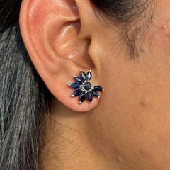 Statement Blue Sapphire Flower 925 Sterling Silver Studs Earring Gift for Her