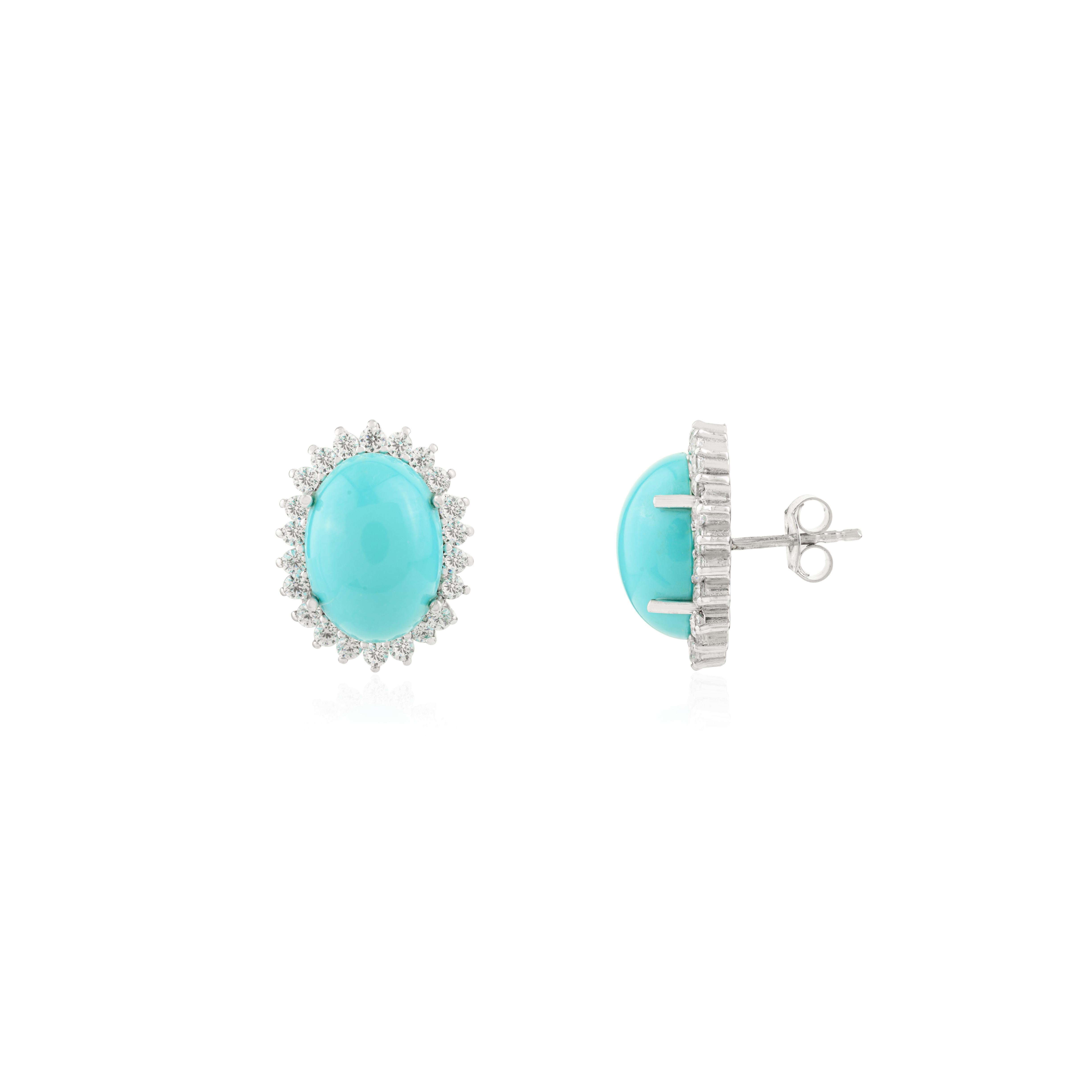 Pendientes con aureola de turquesa en plata de ley con circonitas cúbicas Contemporáneo en venta
