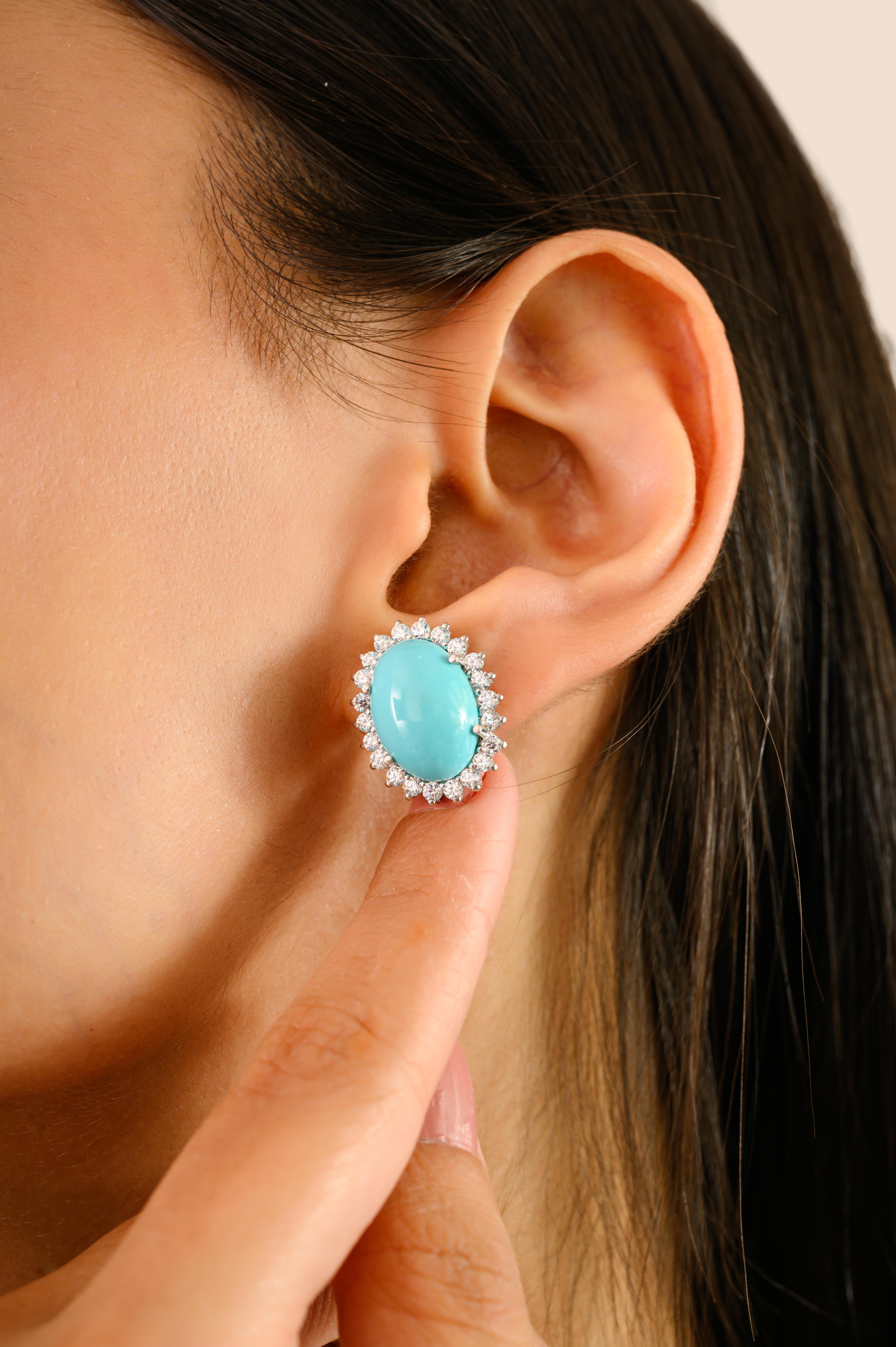 Pendientes con aureola de turquesa en plata de ley con circonitas cúbicas Corte oval en venta