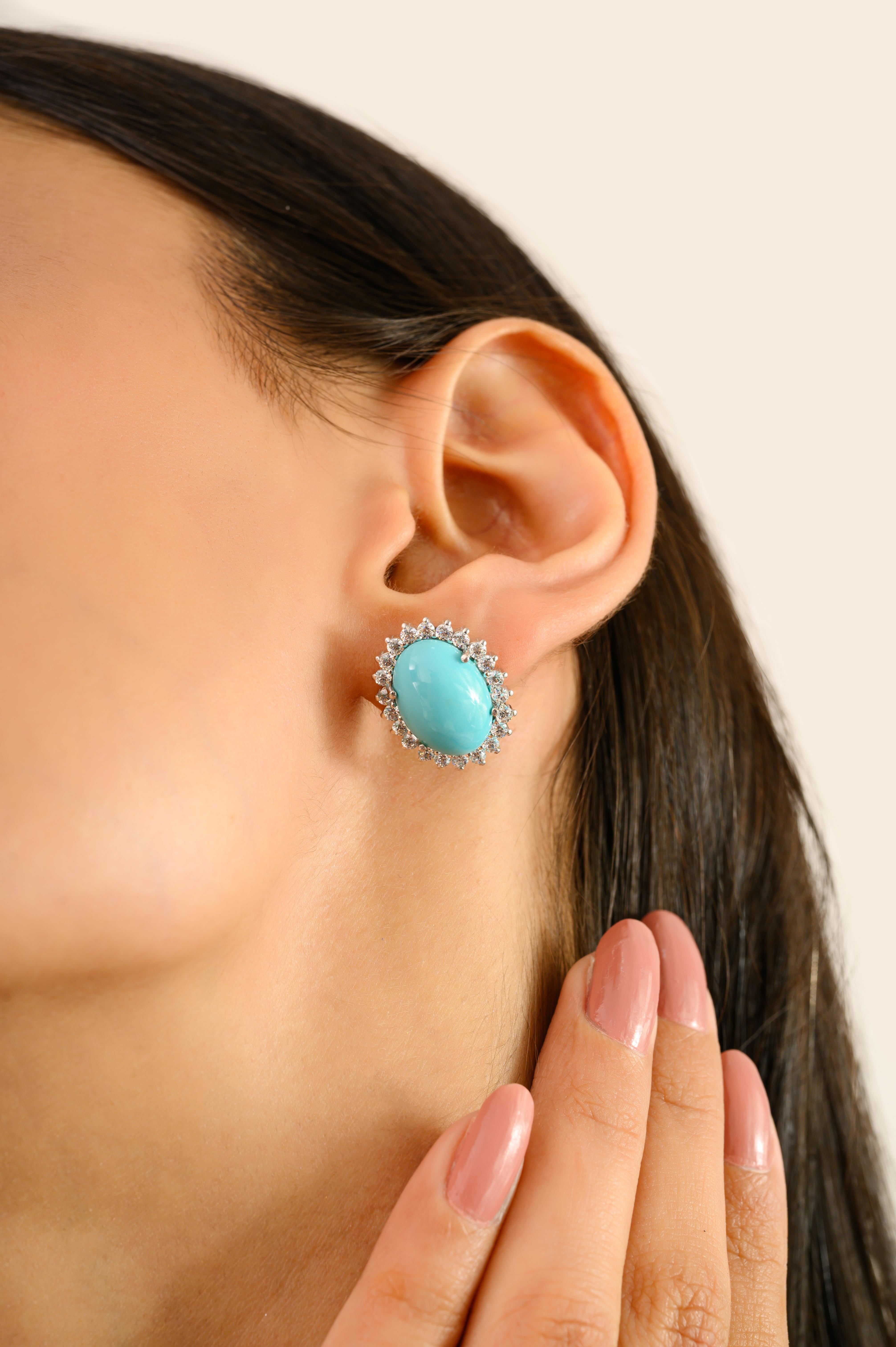 Pendientes con aureola de turquesa en plata de ley con circonitas cúbicas en venta 2
