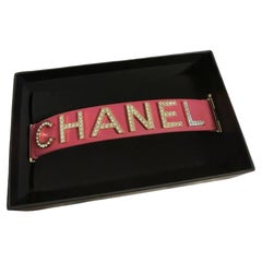 Antique Statement Chanel Crystal Lettering Pink Leather Wrap Bracelet
