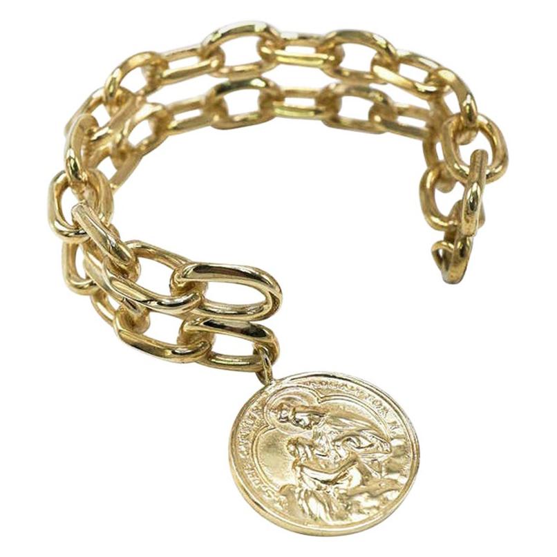 Statement Chunky Chain Cuff Bangle Bracelet Medal Bronze J Dauphin For Sale