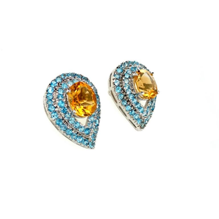 Statement Citrine and Blue Topaz Stud Earrings Set in Sterling Silver Settings In New Condition In Houston, TX