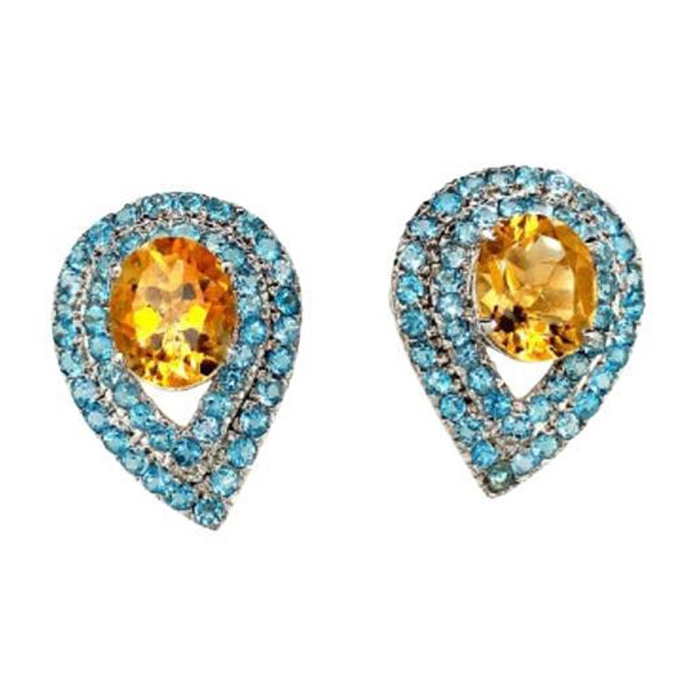 Statement Citrine and Blue Topaz Stud Earrings Set in Sterling Silver Settings For Sale