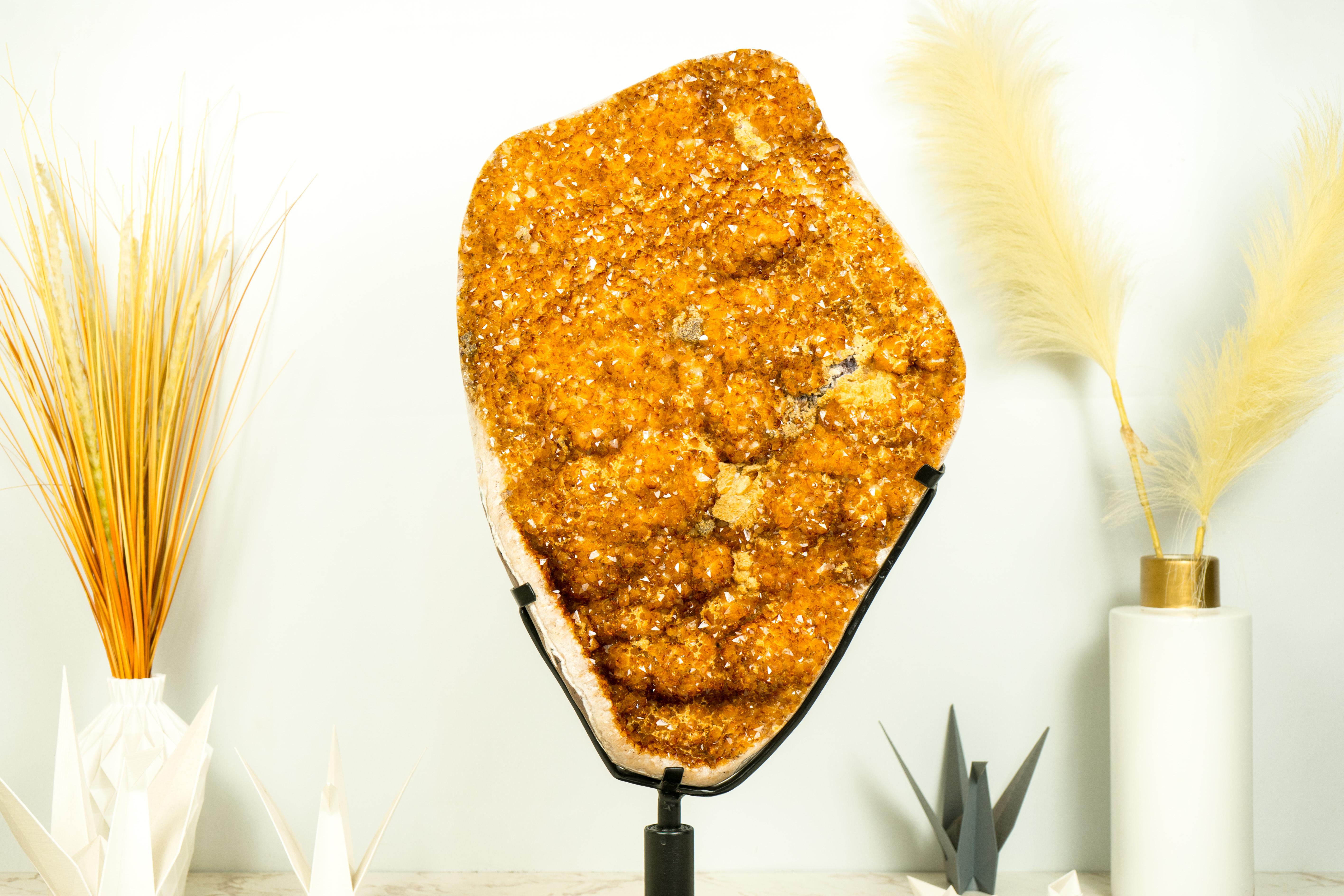 Statement Citrine Cluster Specimen with Golden Citrine Druzy, Stalactite Flowers, and Calcite Inclusions covered by Galaxy Druzy

▫️ Description

Gorgeous and exuding a regal, imposing presence, this world-class citrine cluster showcases beautiful