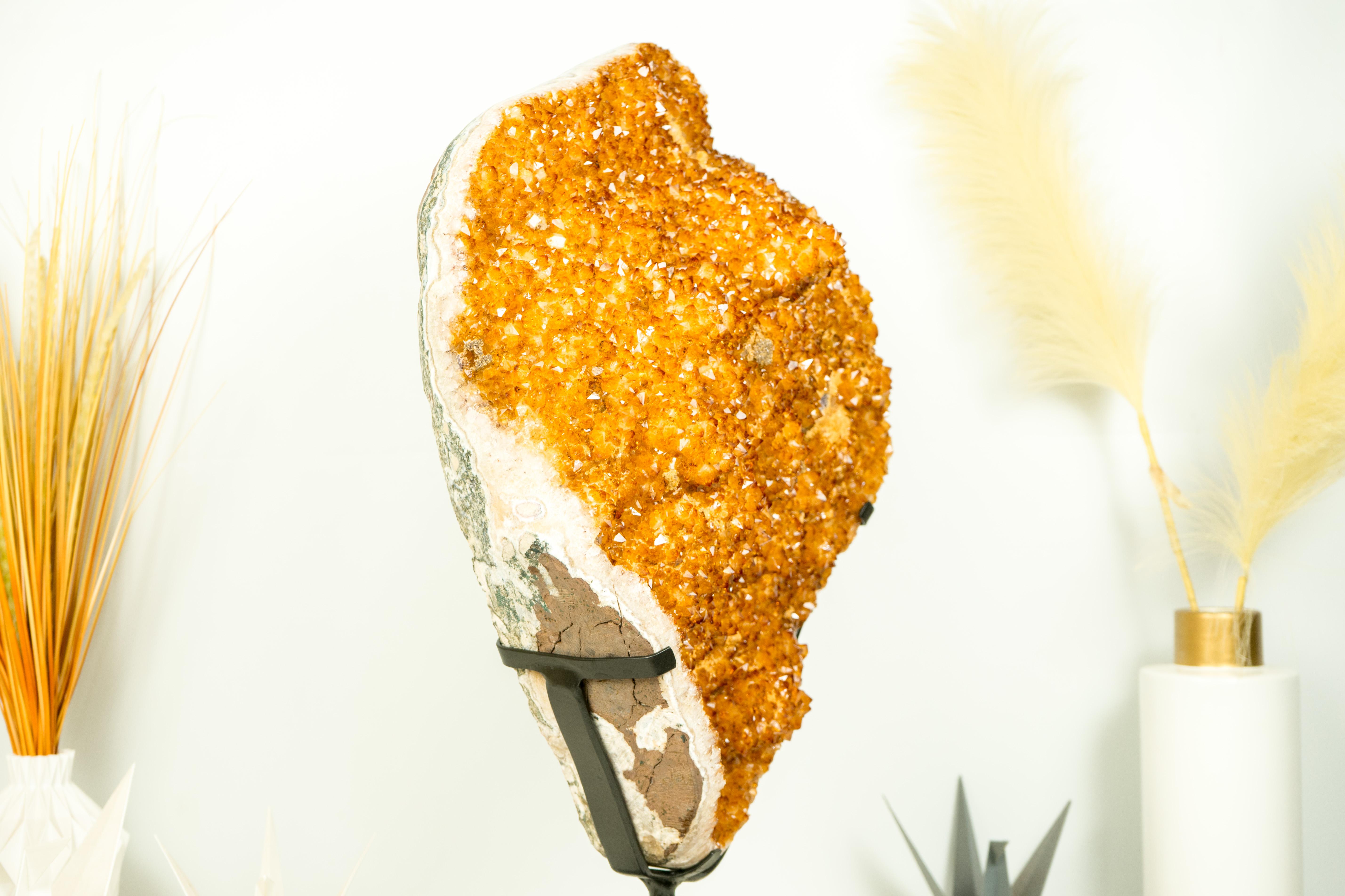 Contemporary Statement Citrine Cluster with Golden-Orange Druzy and Calcite, X-Large For Sale
