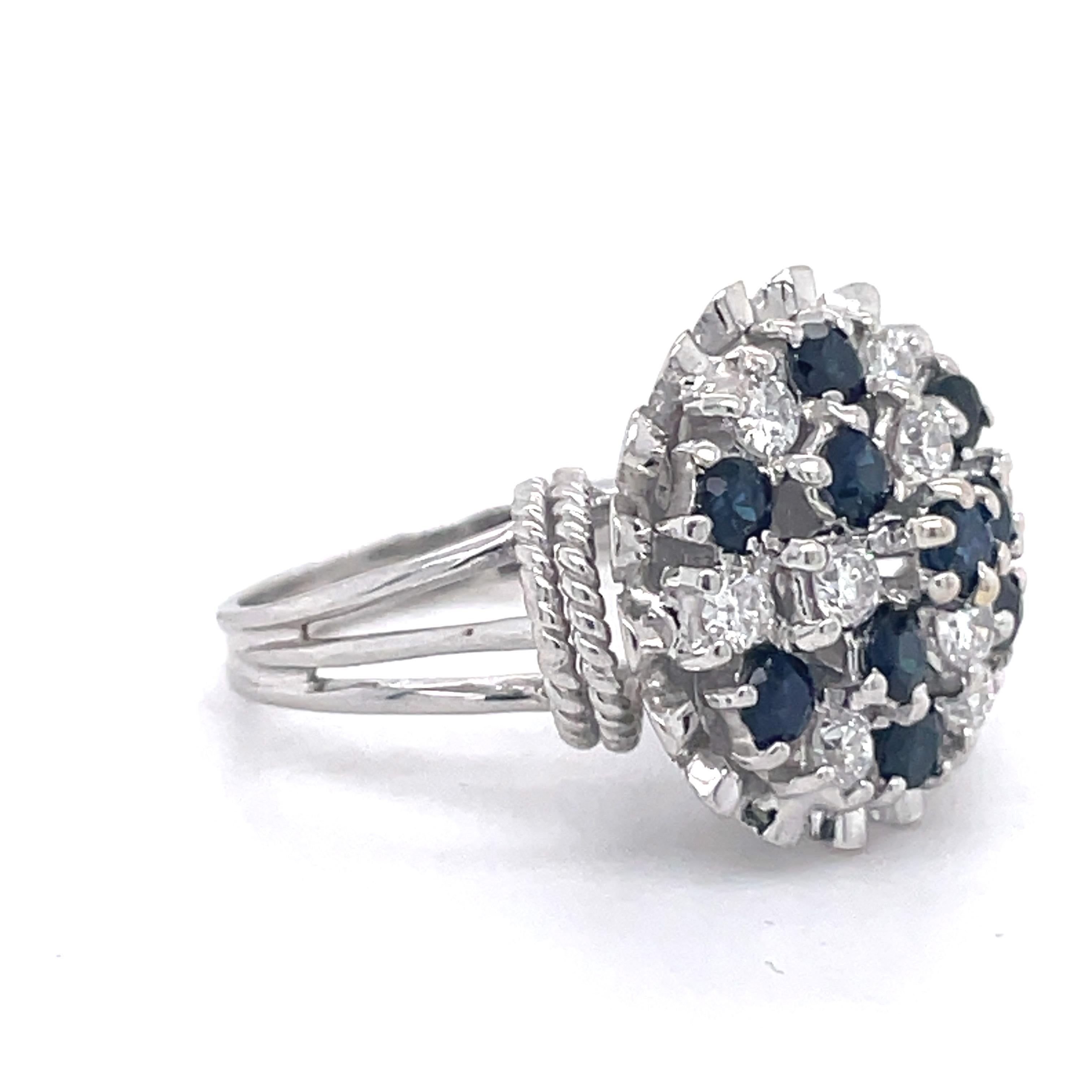 Round Cut Statement Cocktail Ring - 0.5ct Sapphire and 0.5ct Diamond Ring, 14K white gold  For Sale