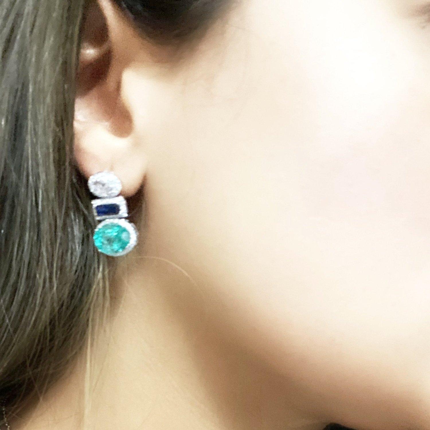 Oval Cut Statement Columbian Emerald, Ceylon Sapphire and diamond earrings For Sale