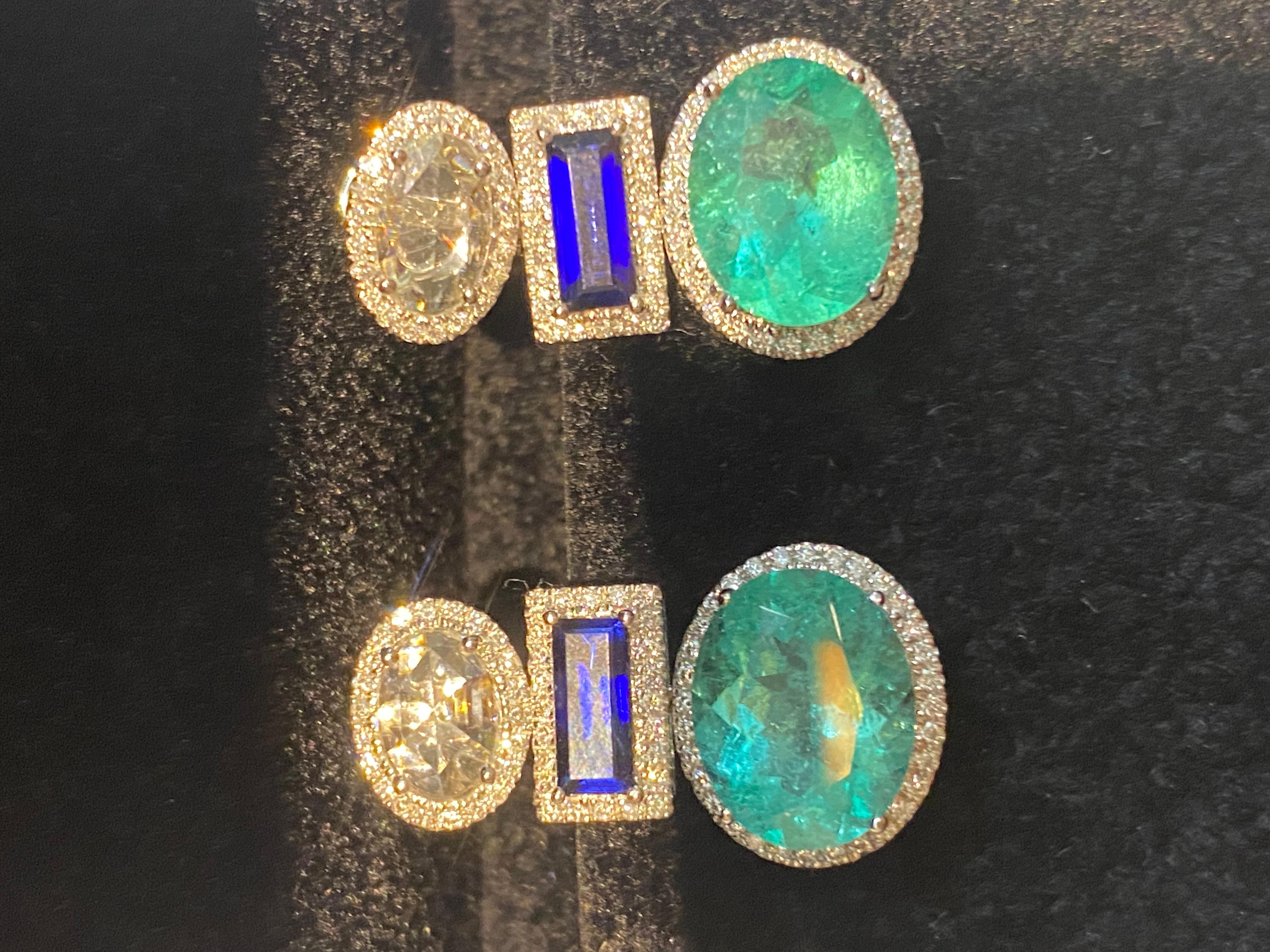 Women's or Men's Statement Columbian Emerald, Ceylon Sapphire and diamond earrings For Sale