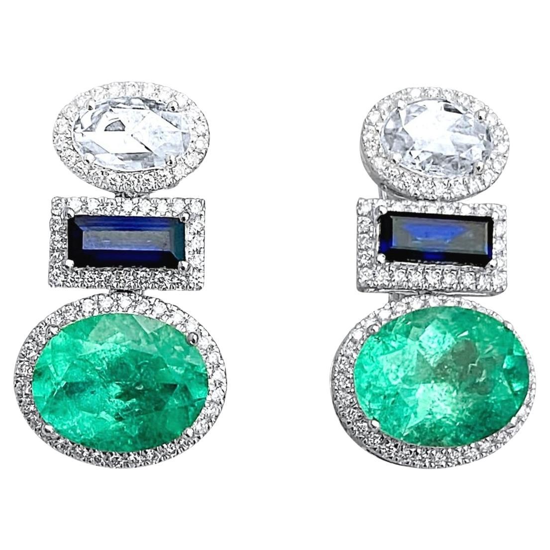 Statement Columbian Emerald, Ceylon Sapphire and diamond earrings