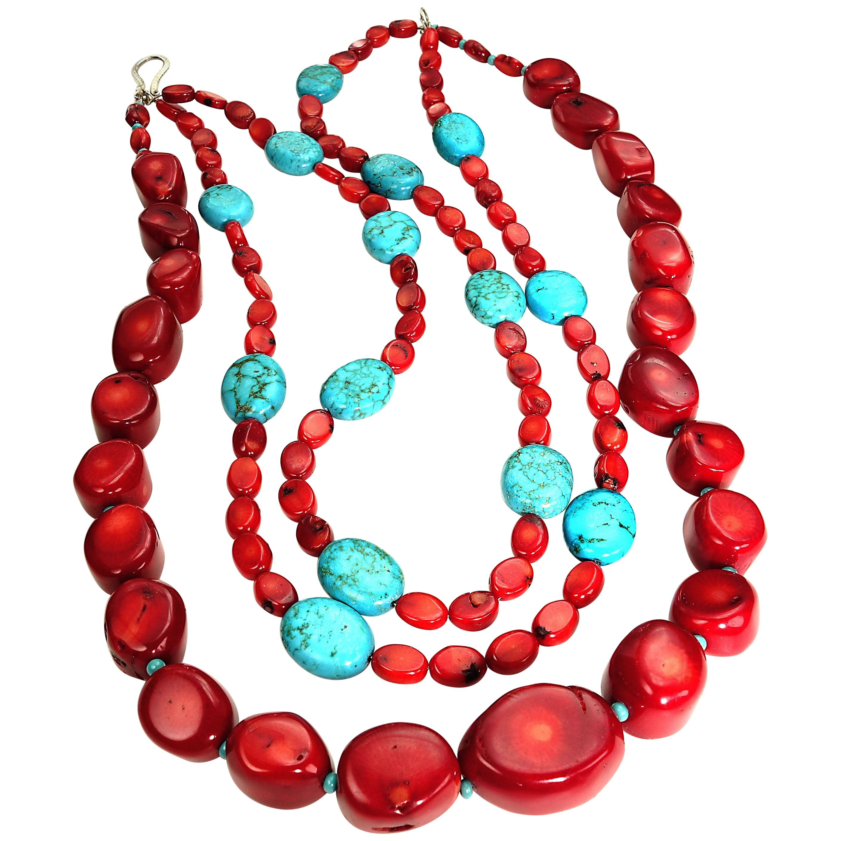 Gemjunky Statement Coral and Turquoise Triple Strand Necklace