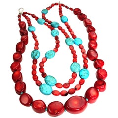 Gemjunky Statement Coral and Turquoise Triple Strand Necklace