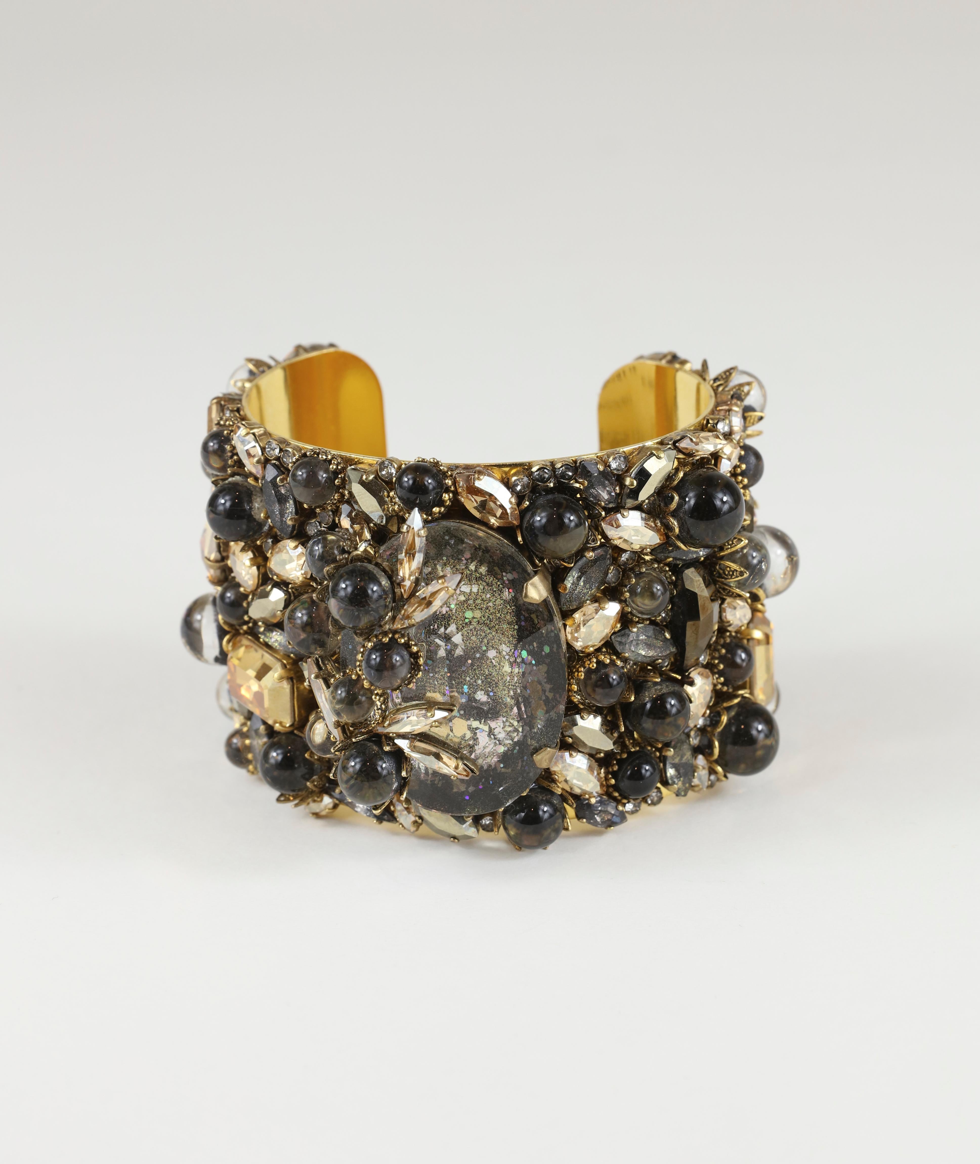 Erickson Beamon Bejeweled Black & Gold Wide Cuff  In Excellent Condition In Bridgehampton, NY
