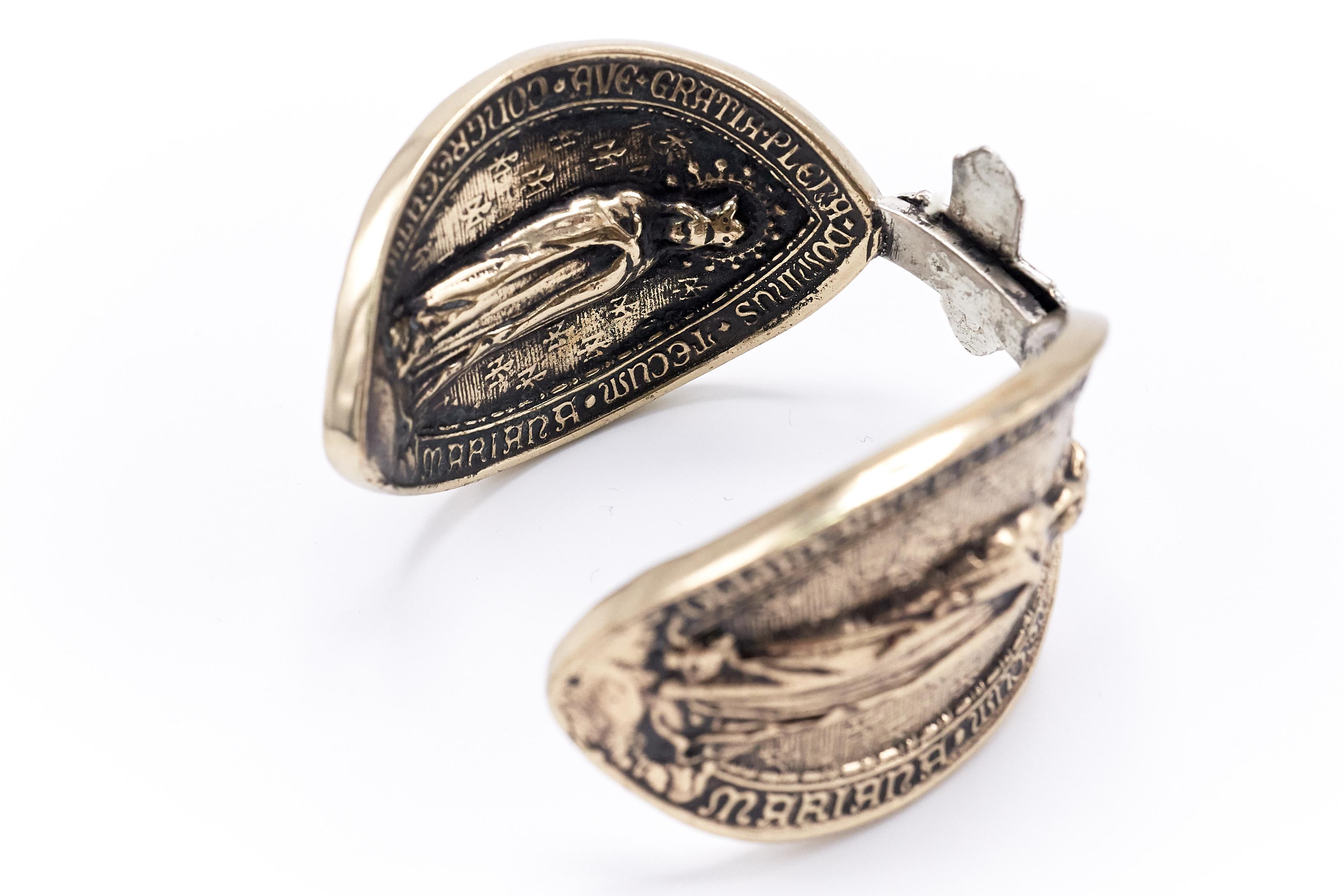 Contemporary Statement Cuff Religious Virgin Mary Medals Cross Silver Bronze For Sale
