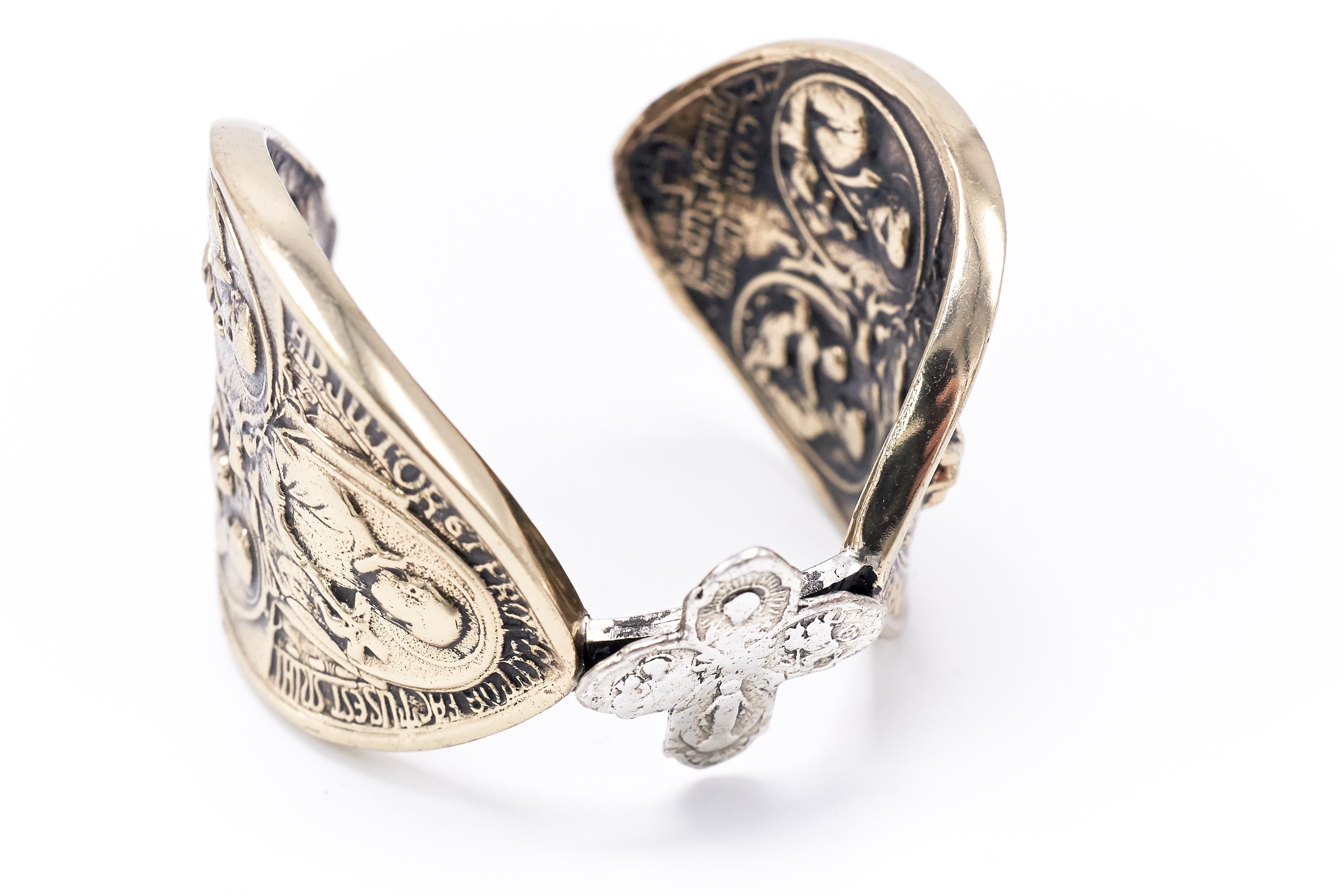 Round Cut Statement Cuff Religious Virgin Mary Medals Cross Silver Bronze For Sale