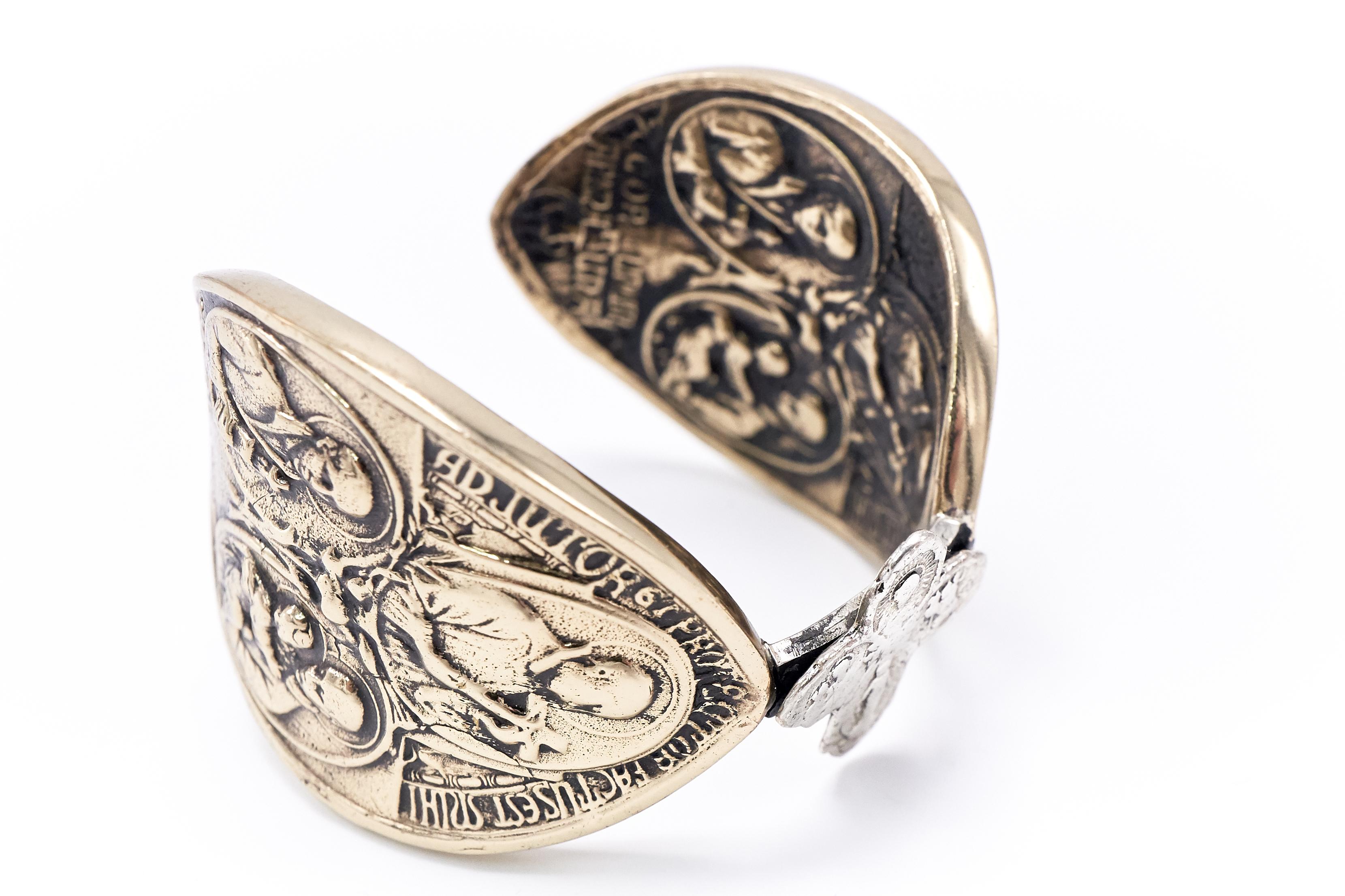 Statement Cuff Religious Virgin Mary Medals Cross Silver Bronze In New Condition For Sale In Los Angeles, CA
