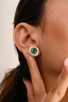 Statement Cushion Emerald Halo Diamond Stud Earrings in 14k Solid White Gold