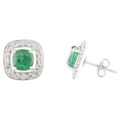 Statement Cushion Emerald Halo Diamond Stud Earrings in 14k Solid White Gold