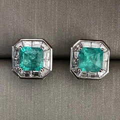 Statement Deco Columbian Emerald and baguette diamond earrings