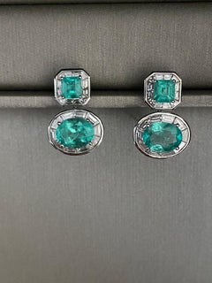 Statement Deco Double Columbian Emerald and baguette diamond earring drops