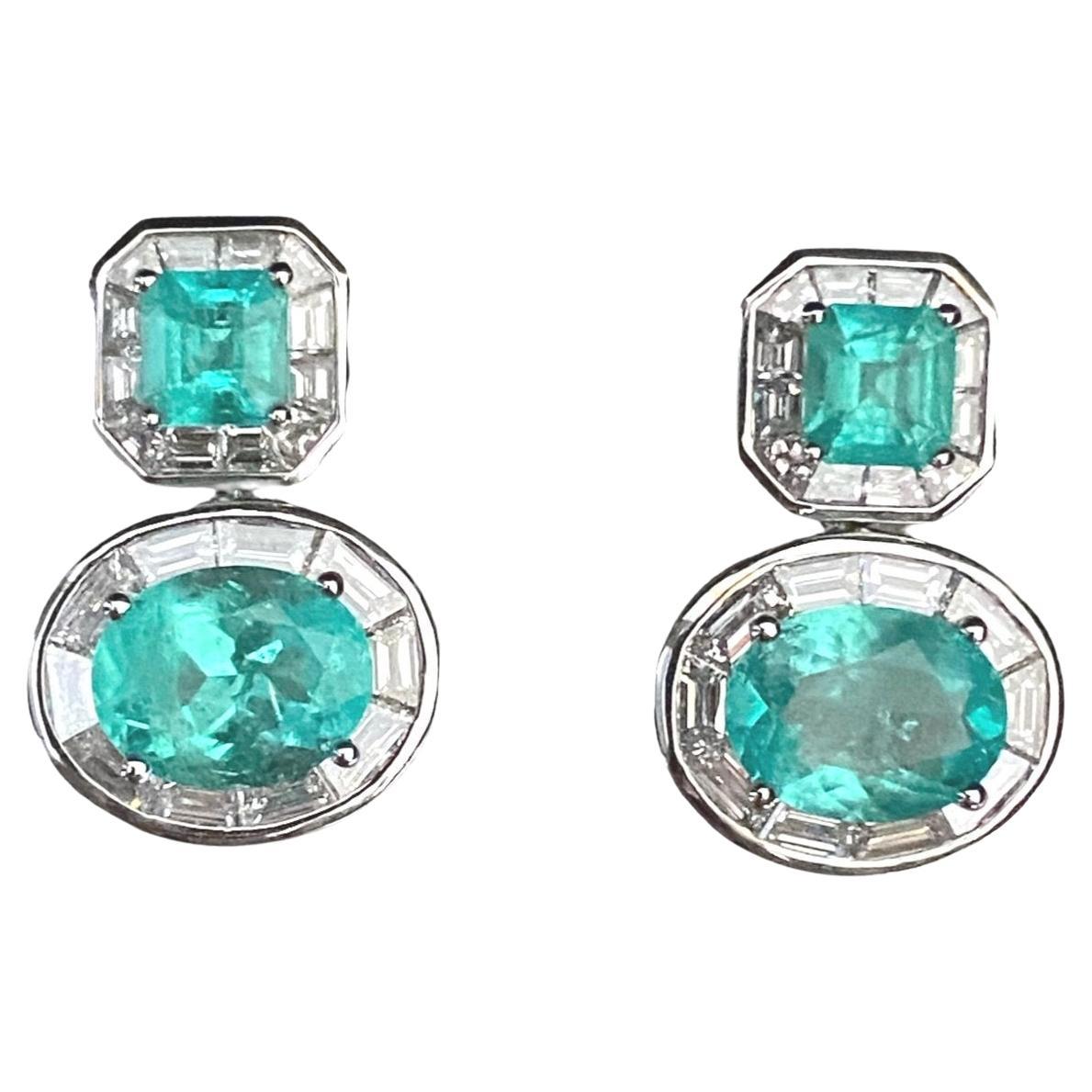 Statement Deco Double Columbian Emerald and baguette diamond earring drops